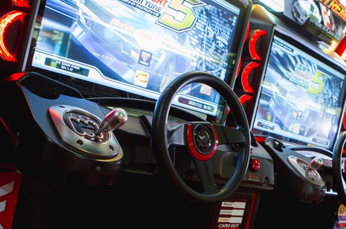 Close up shot of a driving game